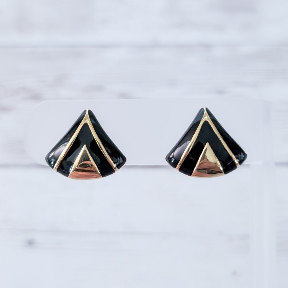 Vintage Avon Clip On Earrings Stylish Black & Gold Tone Triangular 5/8"